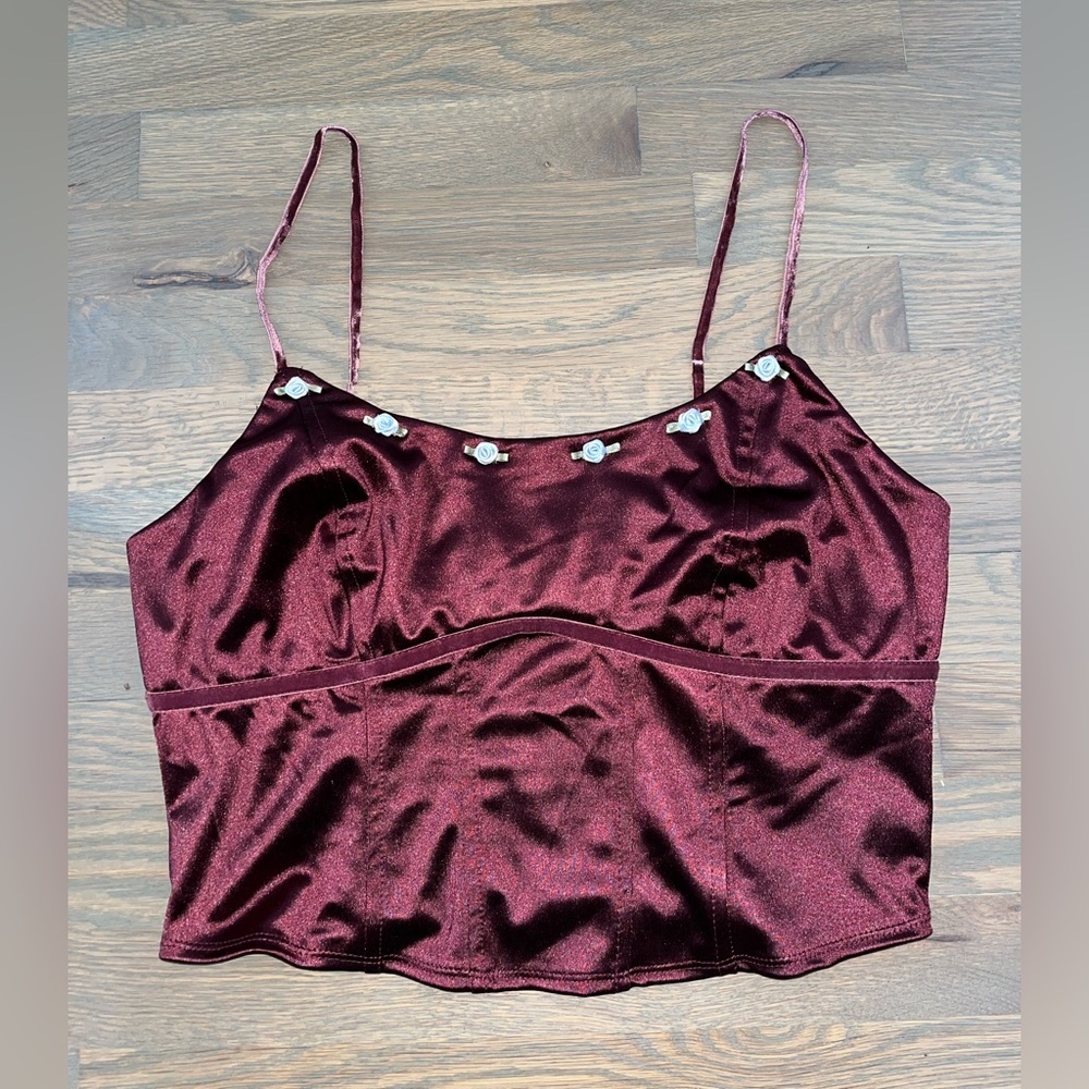 wild fable Wine Satin Floral-Trim Crop Cami